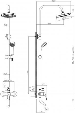 Смеситель ванно-душевой Decoroom DR21071 одноручный с верх. лейкой Тропический дождь, с пов. изливом и 3-ф лейкой, хром